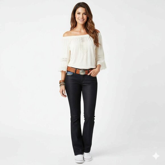 Express Stella"Dark Wash Bootcut Jeans with Abstract Blue/Gold Sequin Art Sz 10 - Picture 2 of 7